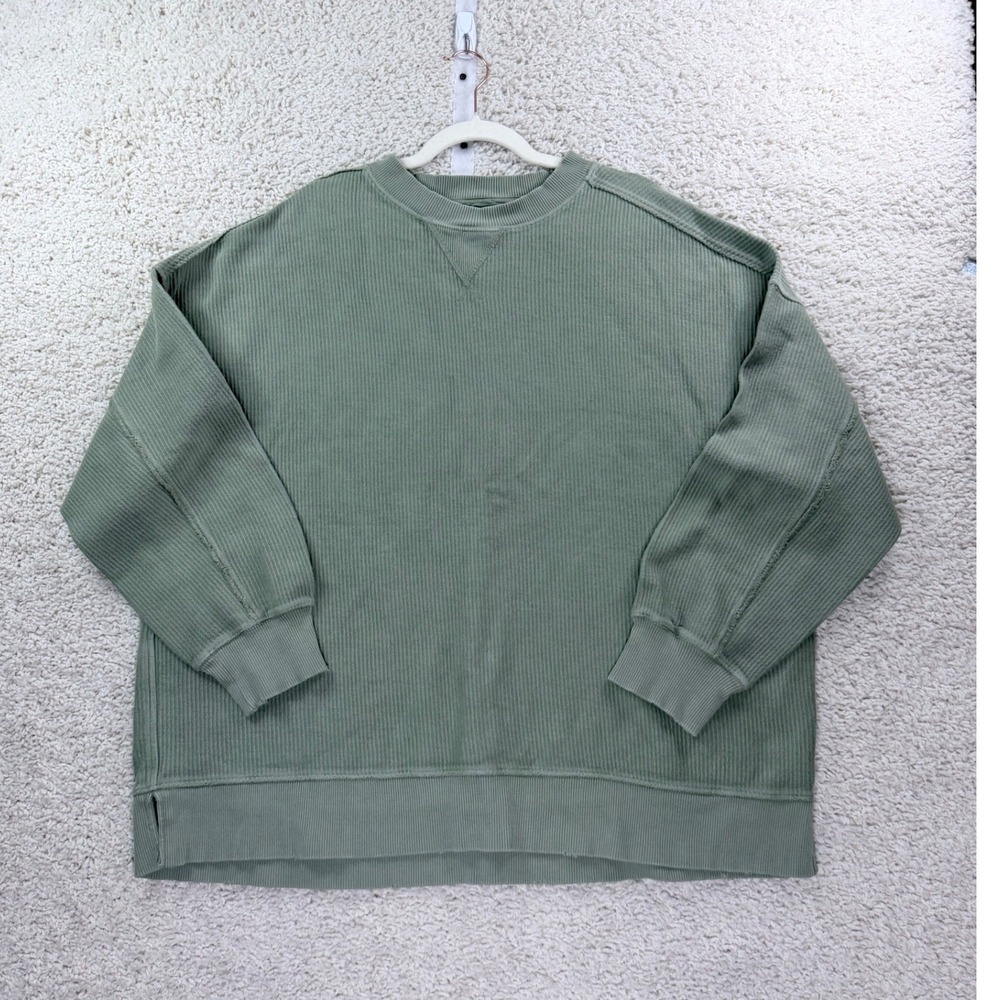 Womens L Aerie Sweatshirt Cotton Green Oversized Frayed Hem Boho Pullover Top